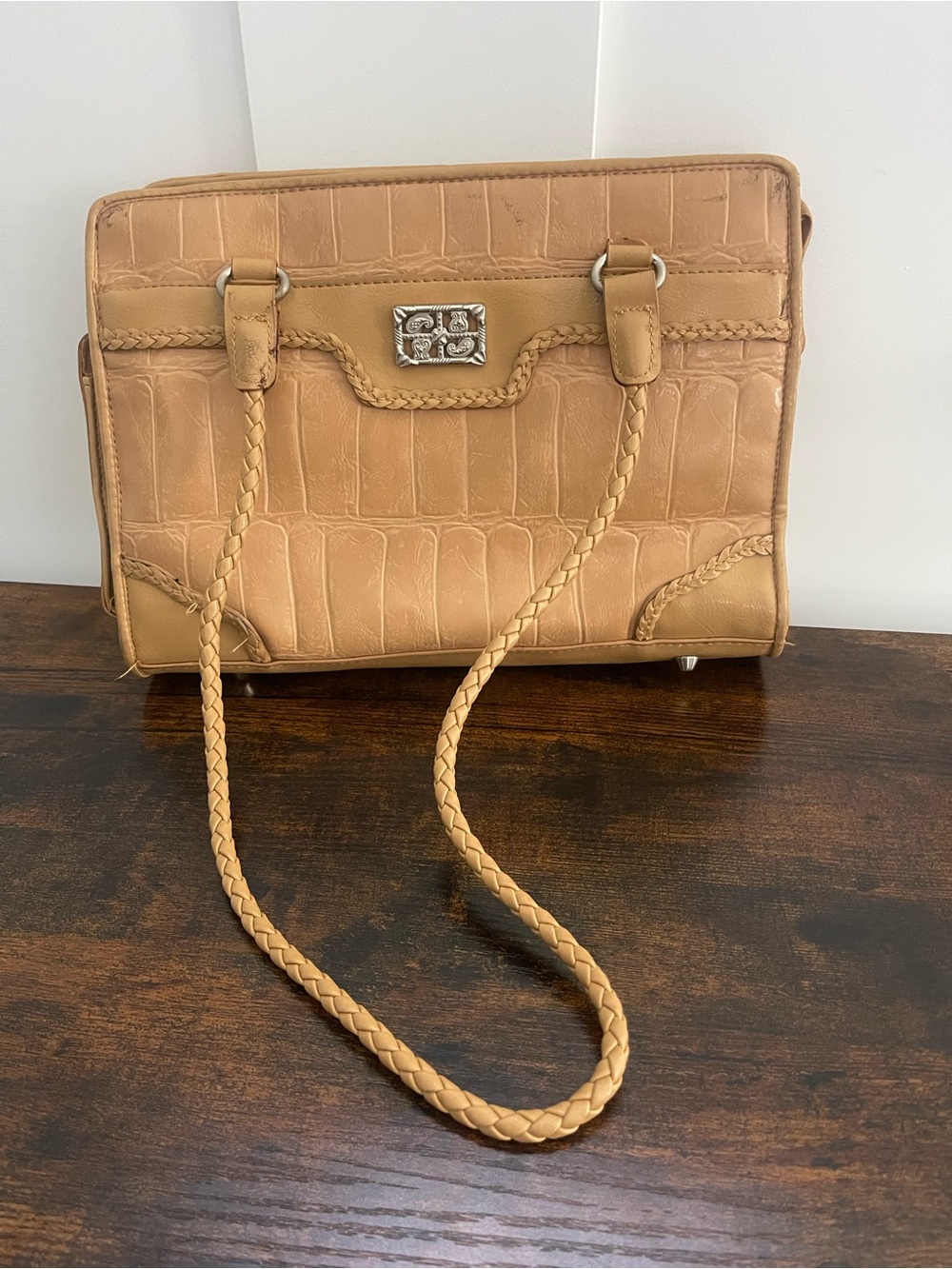 Bueno Tan Croc-Embossed Shoulder Bag with Braided Strap